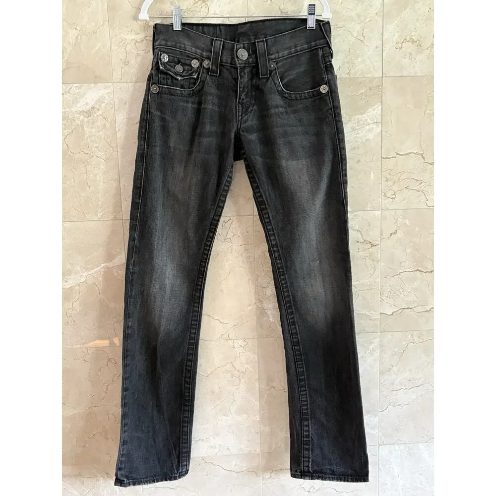 True Religion Men’s Jeans Straight — 28 Black Faded, Made In USA, World Tour